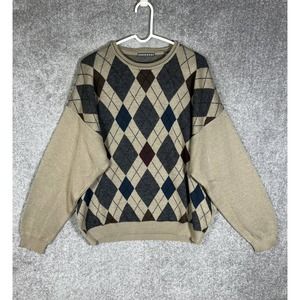 Consensus Merino Wool Blend Italy Argyle Knit‎ Sweater Mens Size XL Tan Pullover